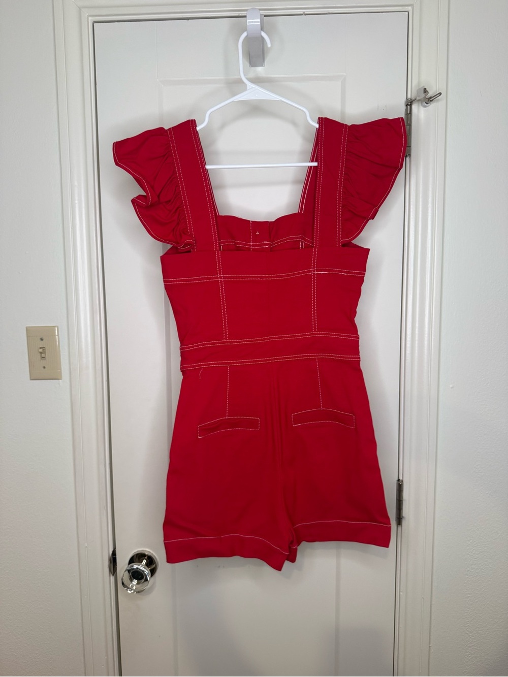 Girls Red Button-Front Ruffle-Strap Romper - Picture 3 of 3